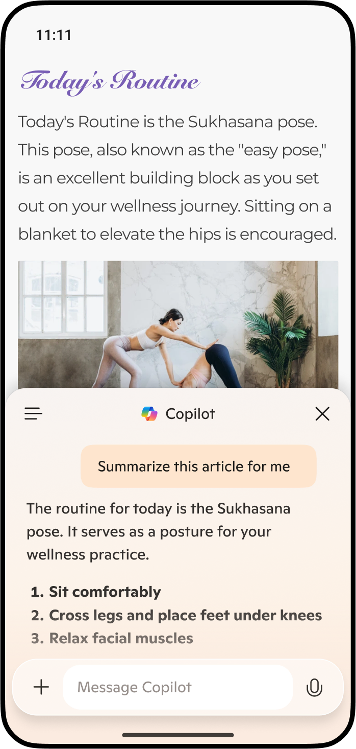 Microsoft Edge Mobile の Copilot 機能のモバイル画面モックアップで、チャット スタイルのインターフェイスで重要なポイントを含む Web ページをまとめています。