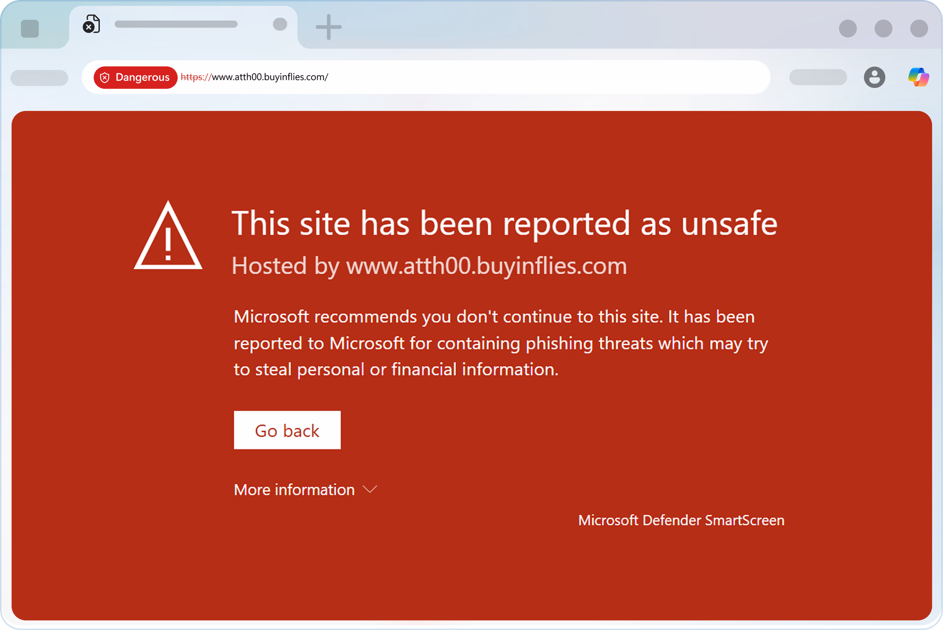 Microsoft Defender SmartScreen warning page in Microsoft Edge showing blocked site notification to protect against phishing and malicious content.