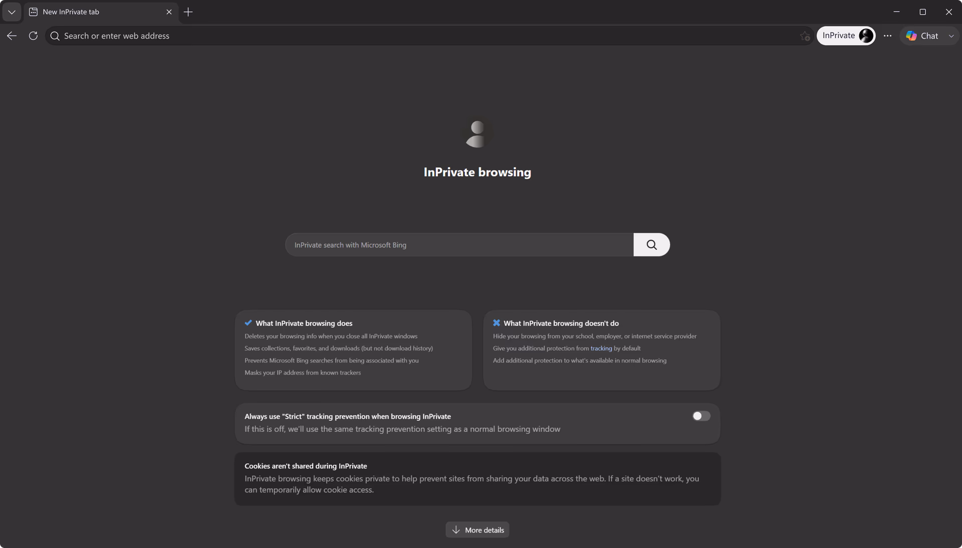 Microsoft Edge InPrivate browsing start page.