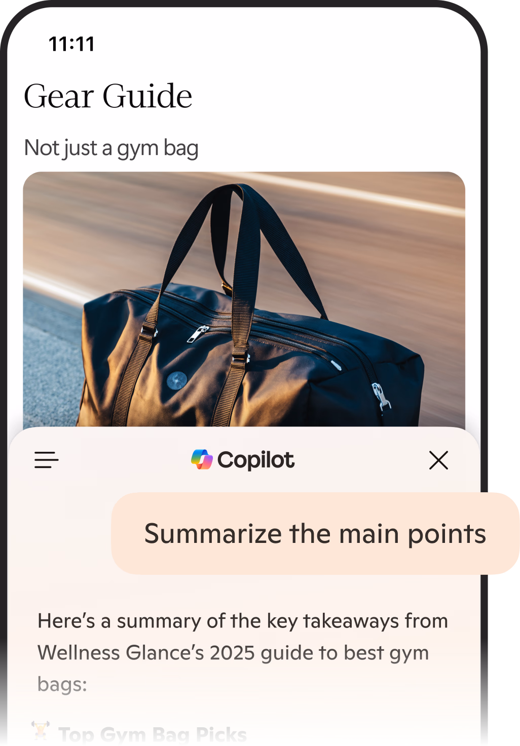 Microsoft Edge mobile app showing Copilot chat with a page summary of key points generated from an article.